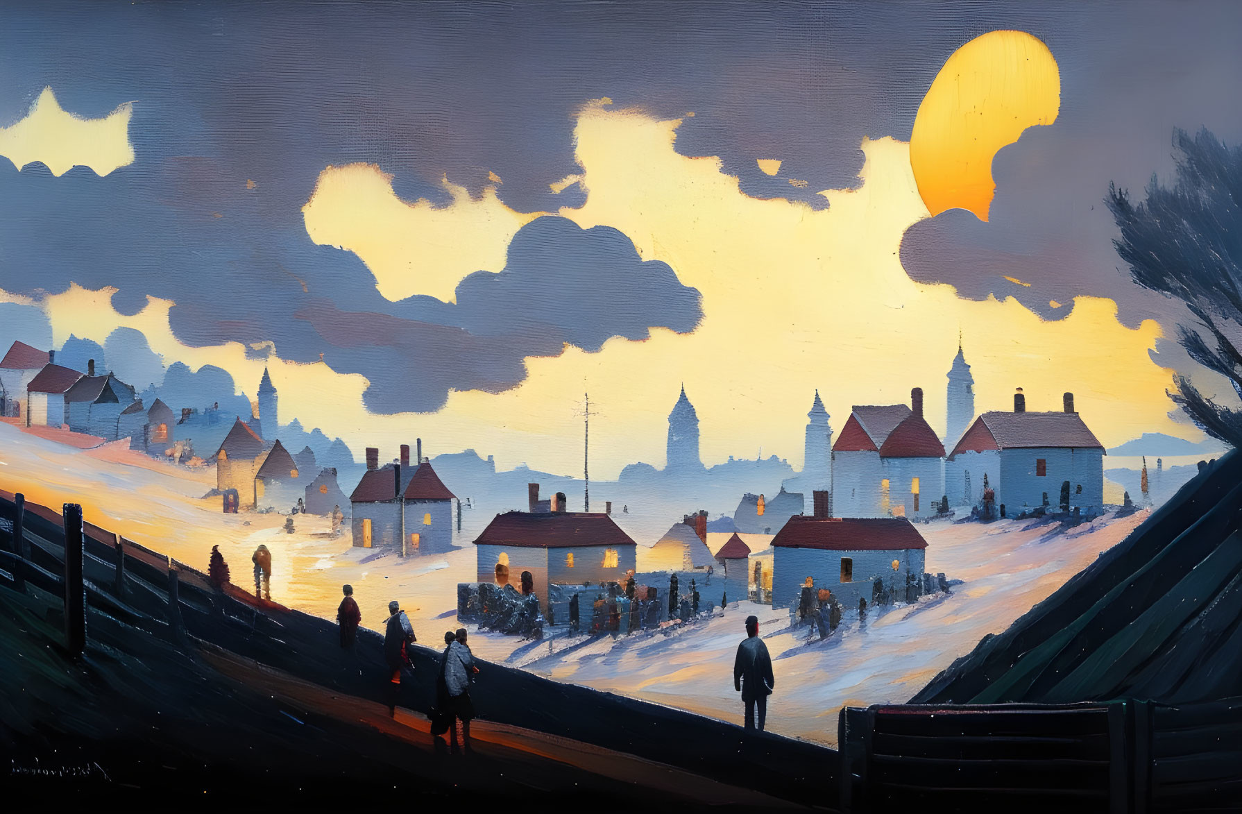 Scenic village sunset with silhouetted buildings & snowy streets