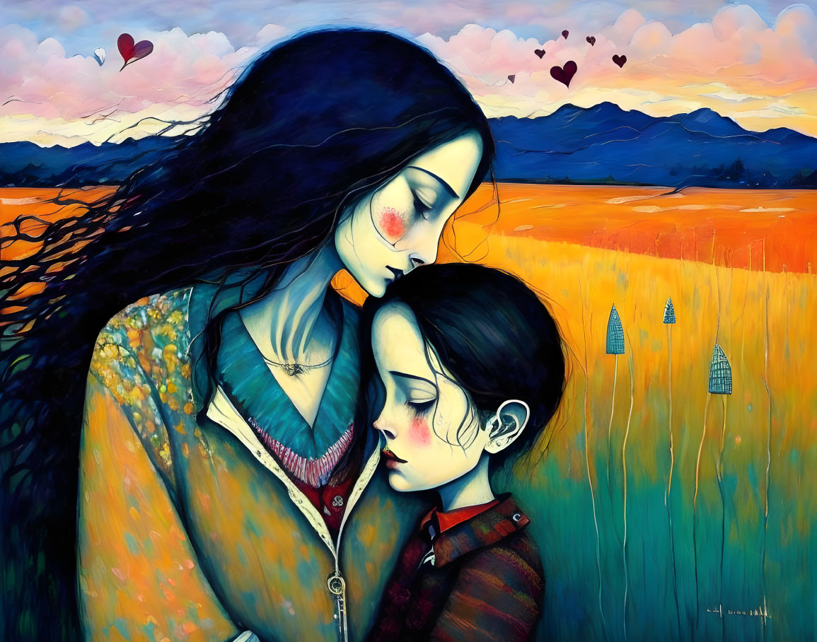 Illustration of woman and child embracing with heart shapes and colorful landscape