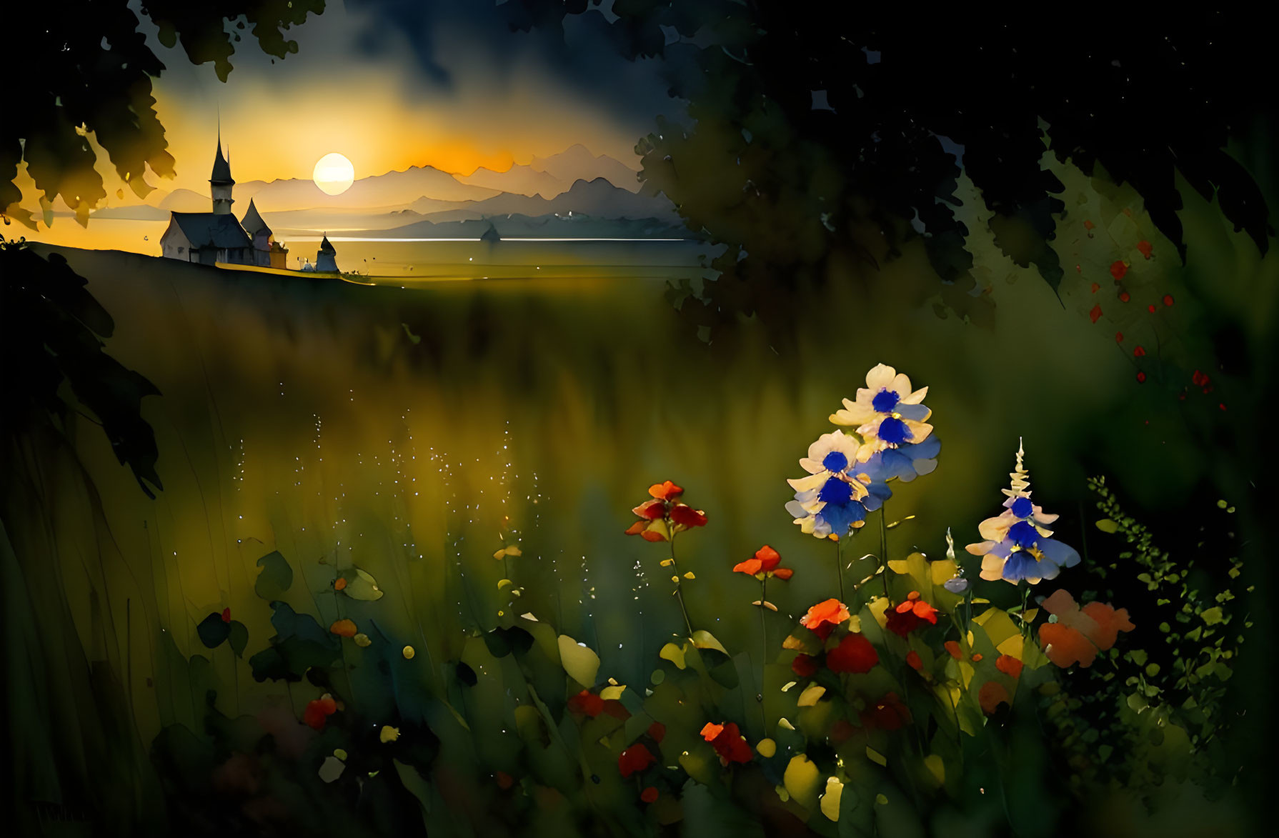 Scenic sunset landscape with church, mountains, and colorful flowers