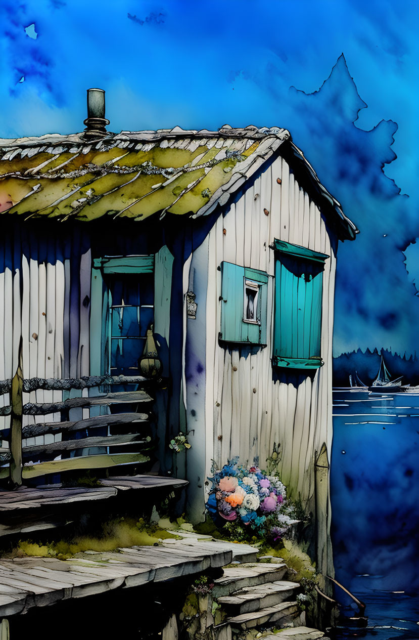 Illustration of weathered wooden shack by the sea with blue shutters and hydrangea bush