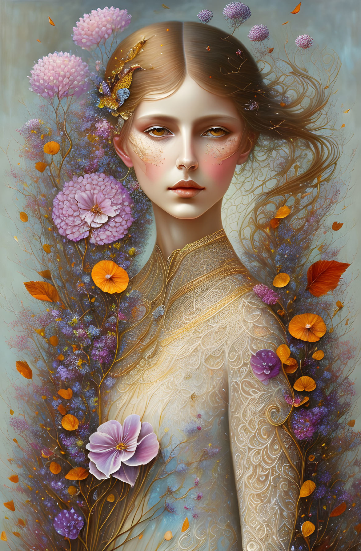 Surreal portrait of woman with integrated flowers and leaves