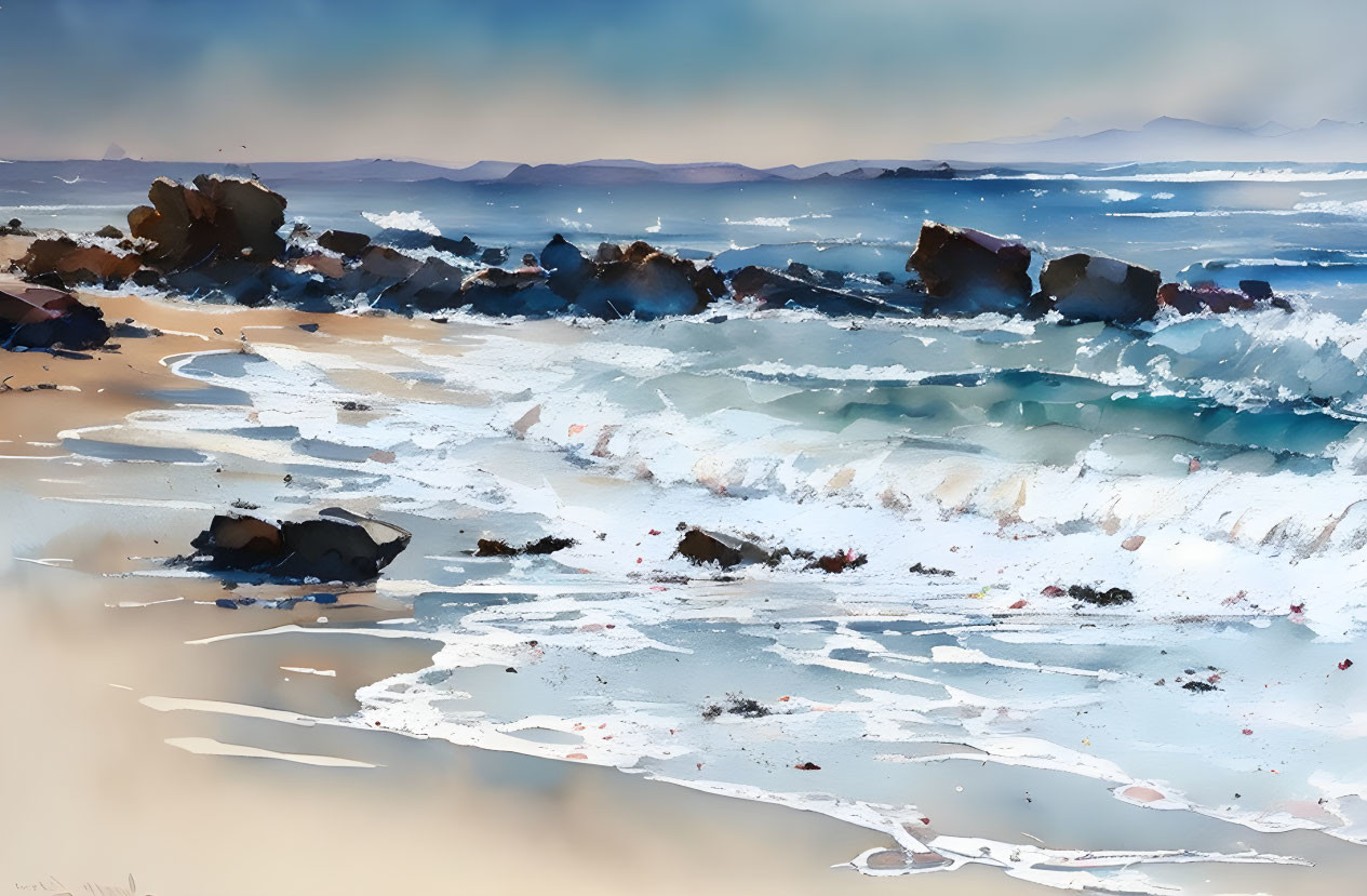 Coastal scene with crashing waves, scattered rocks, and distant mountains.