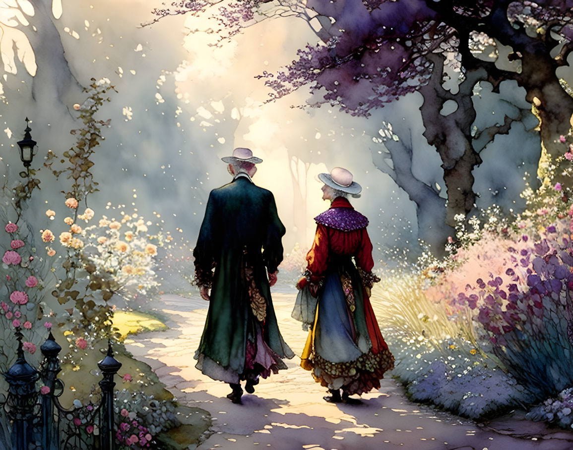 Victorian couple strolling in blooming garden at dusk