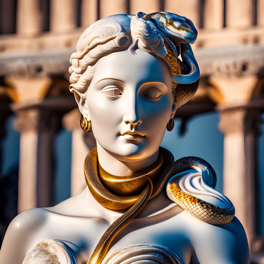 Detailed statue of woman with snake hair against architectural backdrop