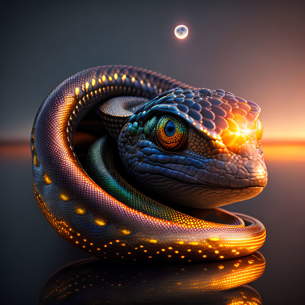 Vibrant glowing snake against sunset backdrop with celestial body