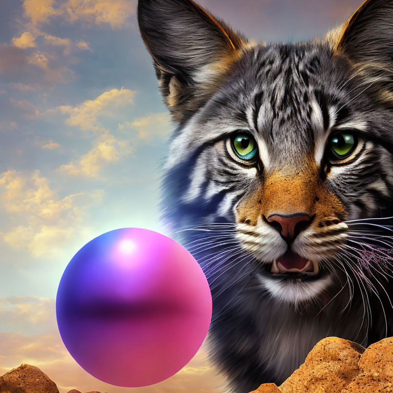 Realistic lynx with green eyes and colorful orb on dramatic sky.