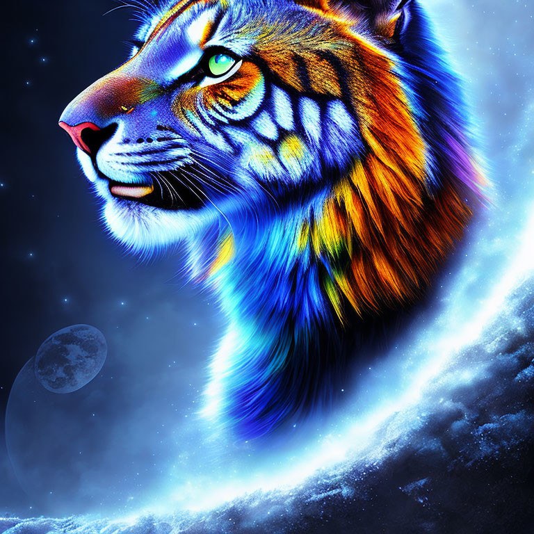 Colorful Tiger Illustration with Cosmic Background and Glowing Moon