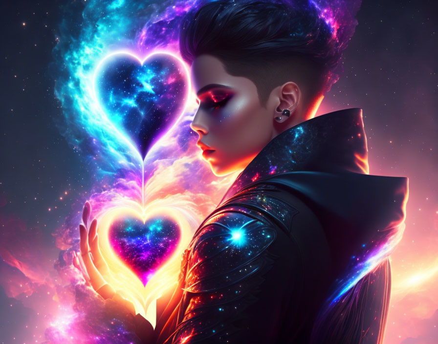 Stylish Haircut and Futuristic Makeup with Radiant Heart on Cosmic Background