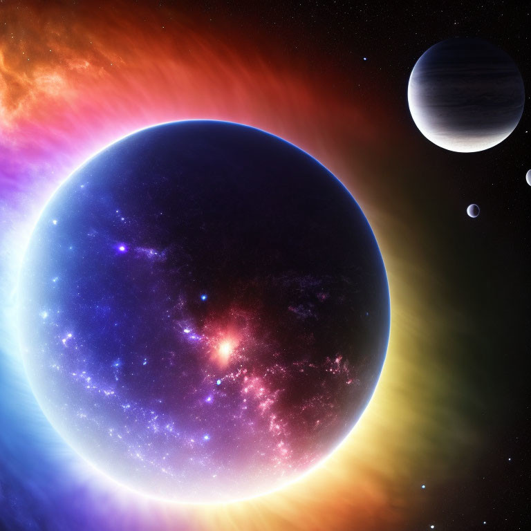 Blue planet with moons in colorful space scene