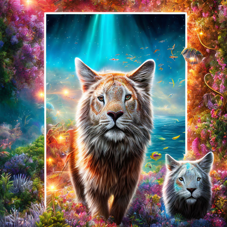 Majestic lion artwork with portal background and fantasy landscape