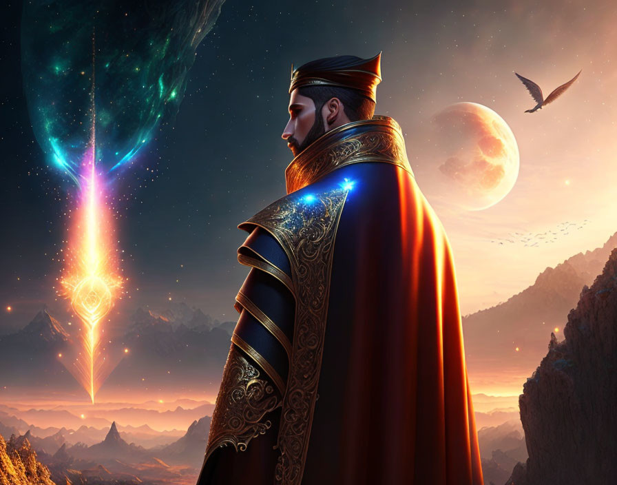 Fantasy art: Regal man in armor gazes at celestial scene