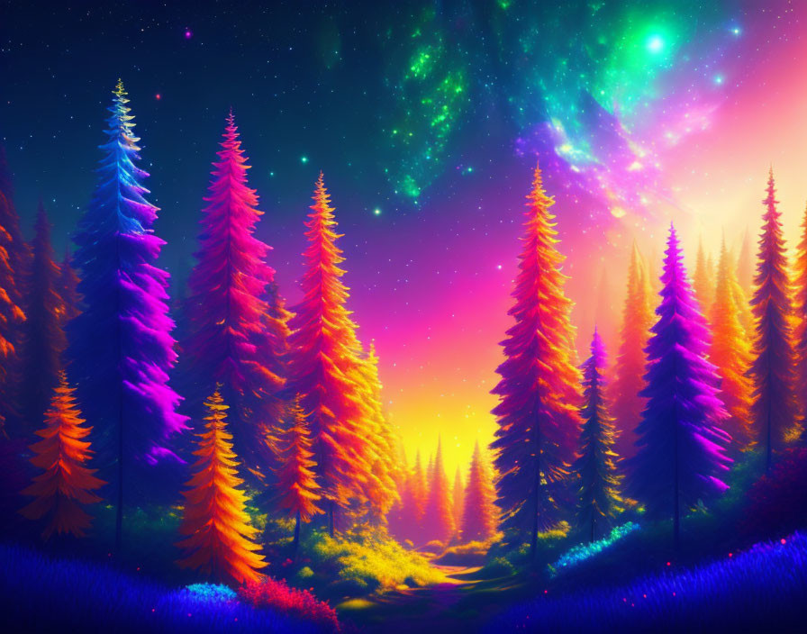 Multicolored forest under starry sky with vivid aurora