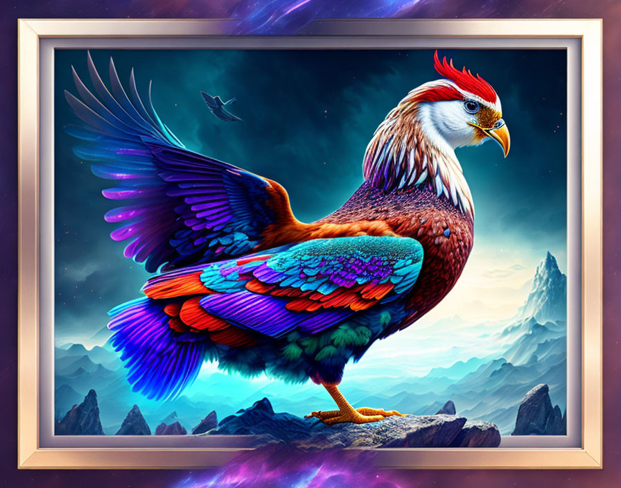 Colorful Rooster in Cosmic Frame with Iridescent Feathers