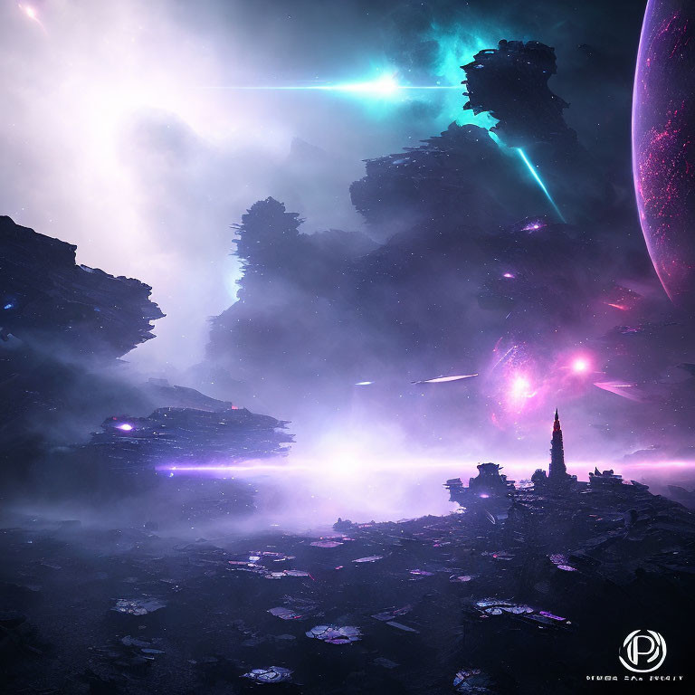 Ethereal sci-fi landscape with floating rocks and celestial bodies