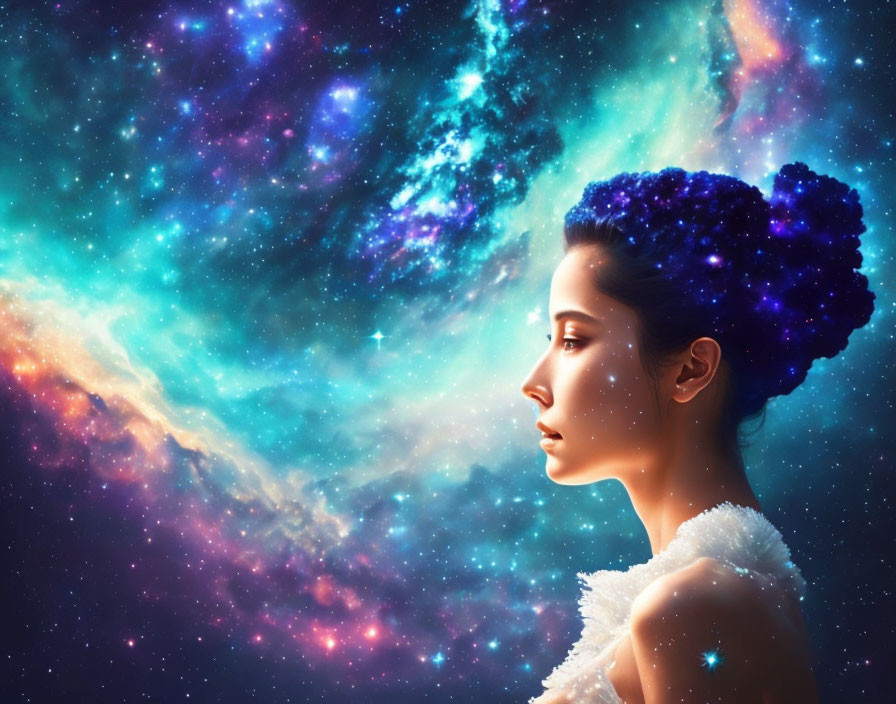 Woman with Cosmic-Themed Hairdo Against Vibrant Nebula