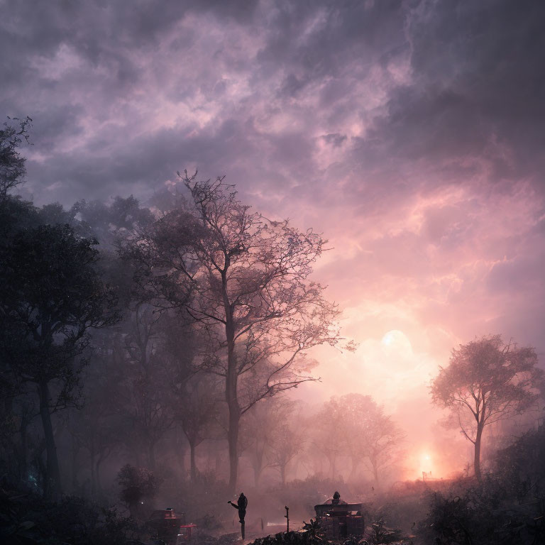 Misty forest scene with solitary figure at dusk