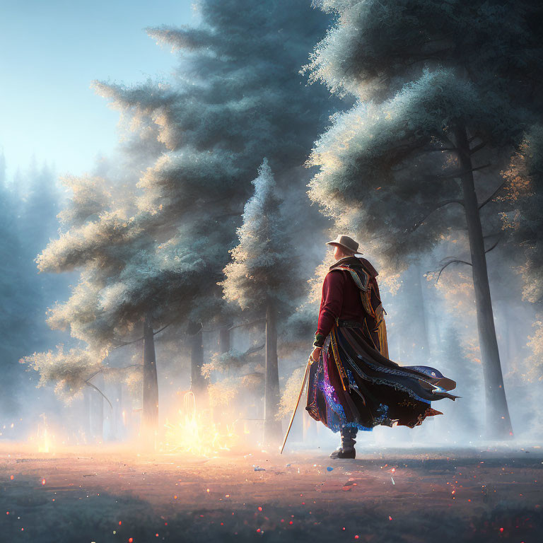 Mysterious figure with sword in mystical forest landscape