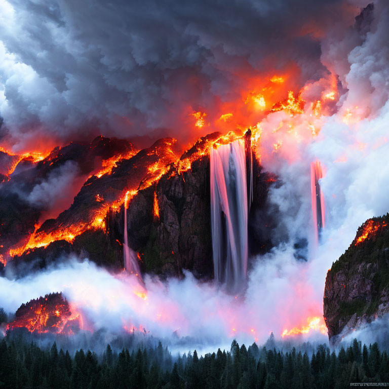 Surreal image of lush forest under dark sky with lava and mist