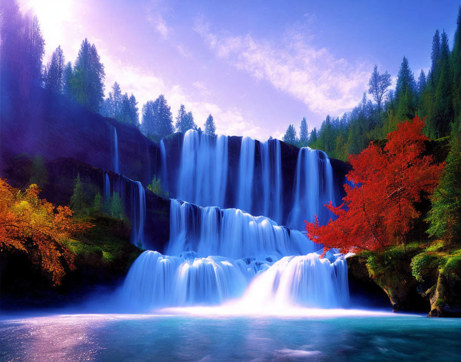 Scenic landscape with multi-tiered waterfall, lush forest, blue sky, and red autumn foliage