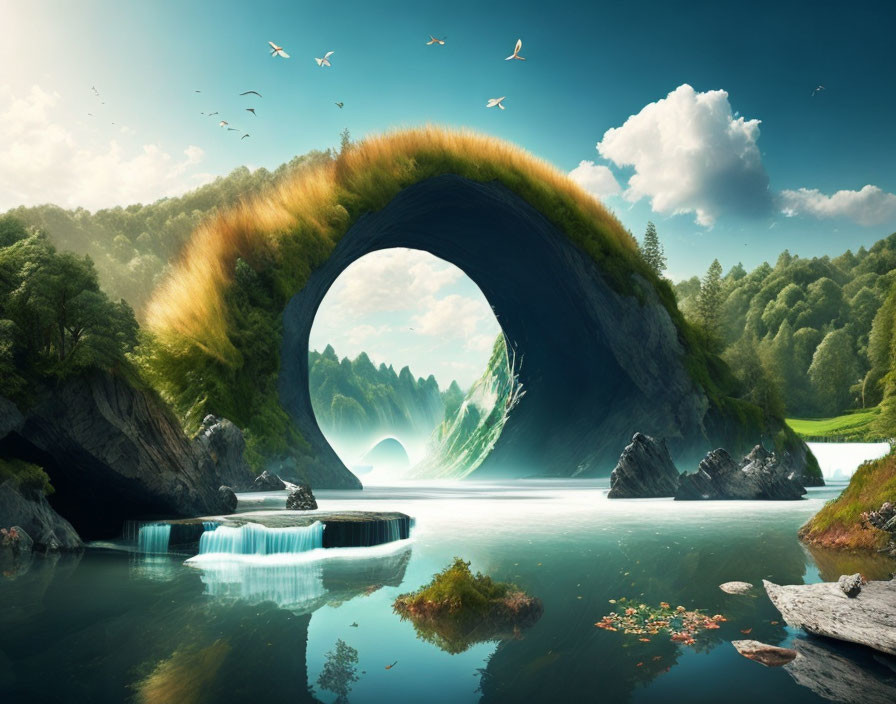 Circular rocky gateway in surreal landscape with river and waterfall