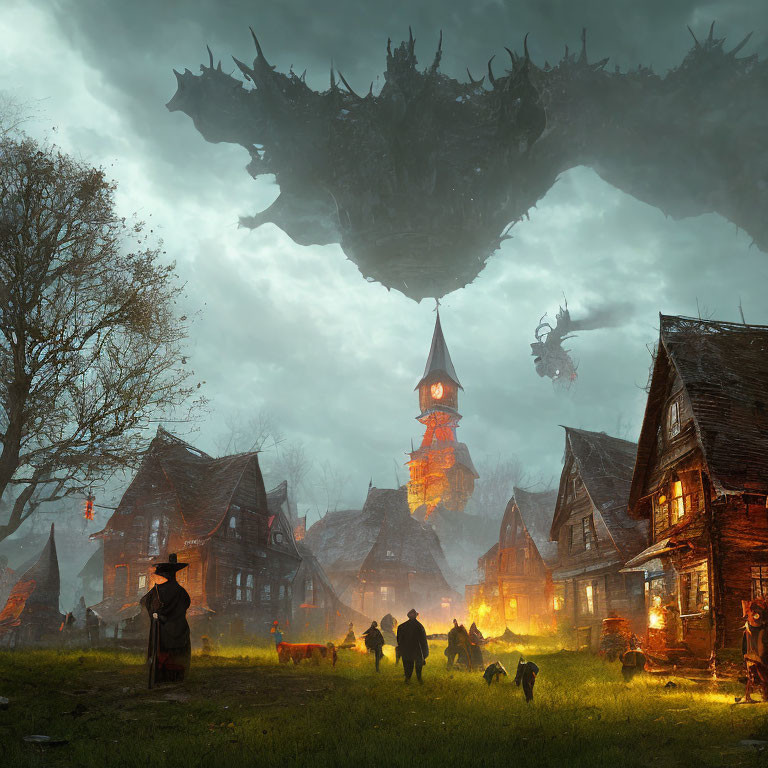 Fantasy scene of dragons flying over medieval village with villagers and cloaked figure.