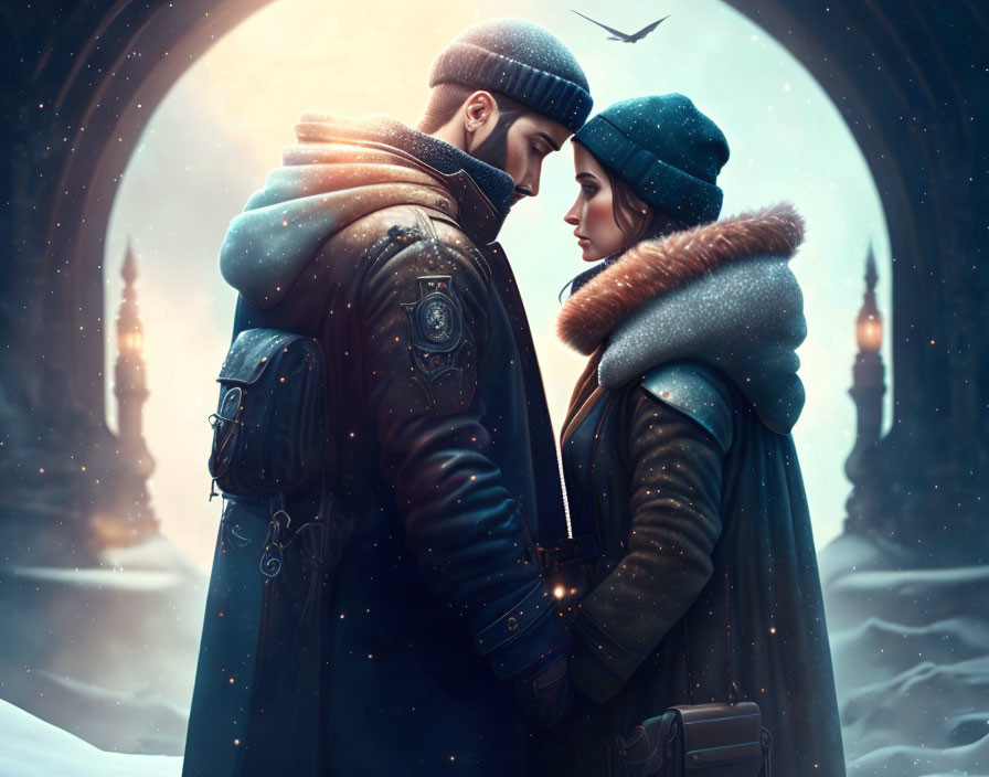 Winter-clad couple under snowy archway with sunset and ornate buildings