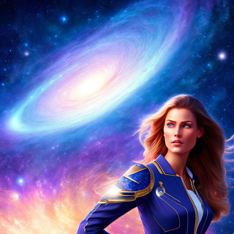 Futuristic digital artwork of woman with blonde hair in blue and gold uniform