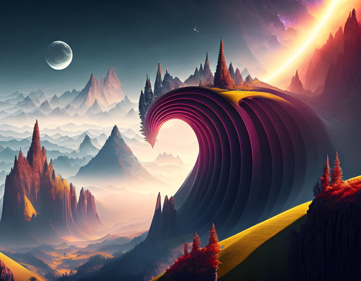 Vibrant surreal landscape: swirling landforms, mountains, sunrise colors, forest, moon, comet