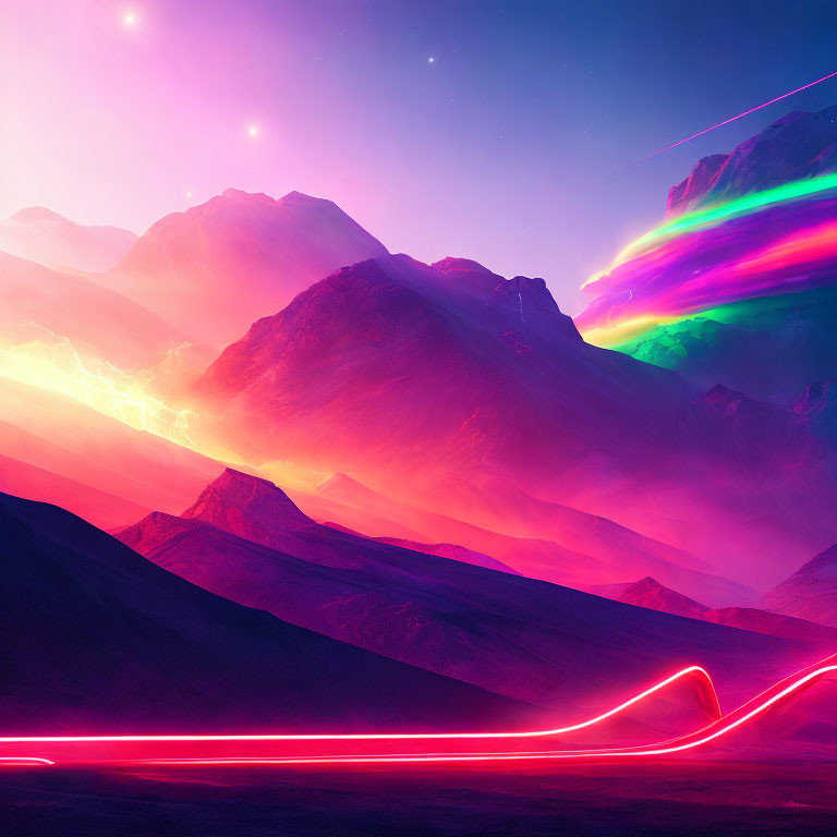 Neon-lit landscape with colorful auroras above mountain peaks