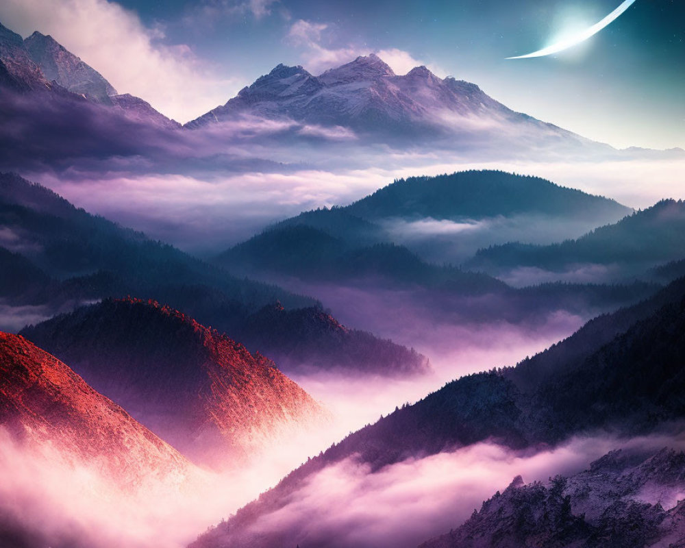 Foggy mountain landscape with crescent moon and twilight glow