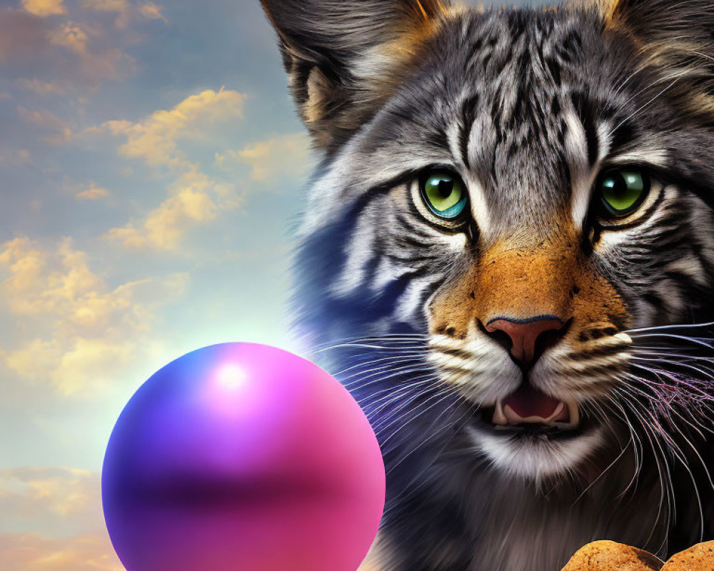 Realistic lynx with green eyes and colorful orb on dramatic sky.