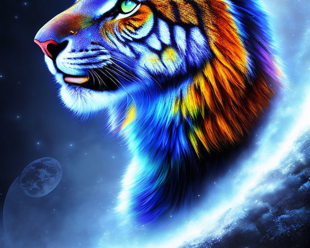 Colorful Tiger Illustration with Cosmic Background and Glowing Moon