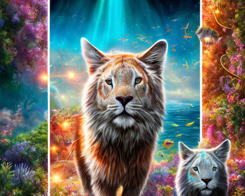 Majestic lion artwork with portal background and fantasy landscape