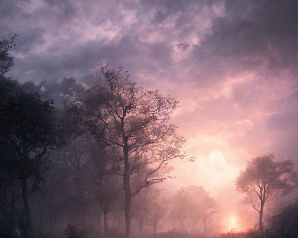 Misty forest scene with solitary figure at dusk