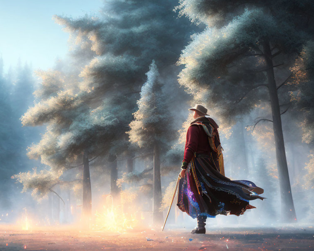 Mysterious figure with sword in mystical forest landscape