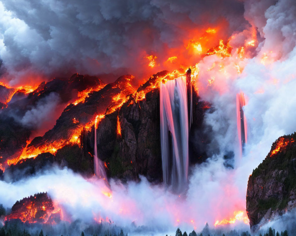 Surreal image of lush forest under dark sky with lava and mist