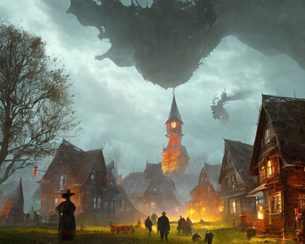 Fantasy scene of dragons flying over medieval village with villagers and cloaked figure.