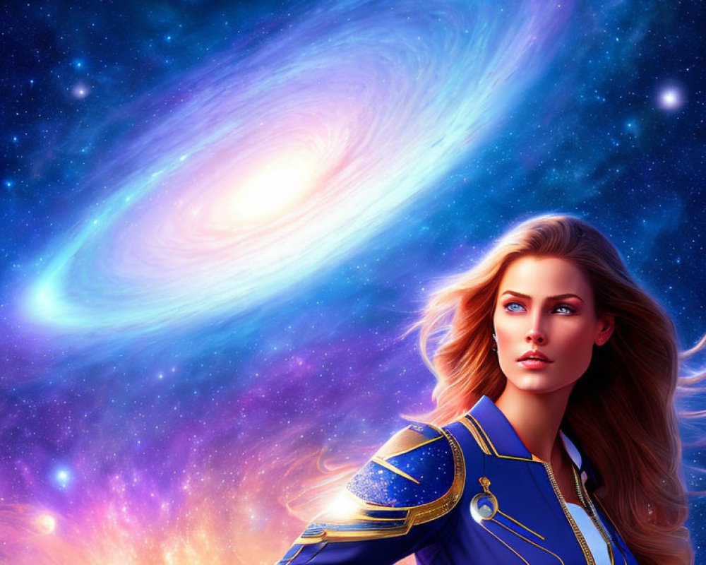 Futuristic digital artwork of woman with blonde hair in blue and gold uniform