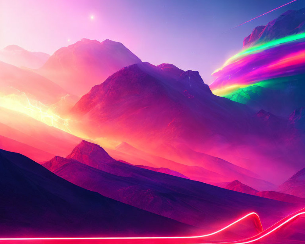 Neon-lit landscape with colorful auroras above mountain peaks