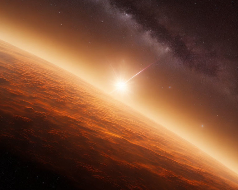 Sunrise over Reddish Planetary Horizon in Space