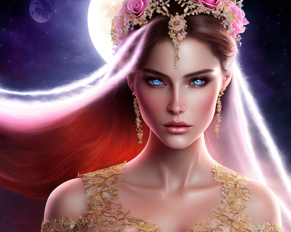 Digital artwork: Woman with floral gold crown and jewelry in cosmic setting