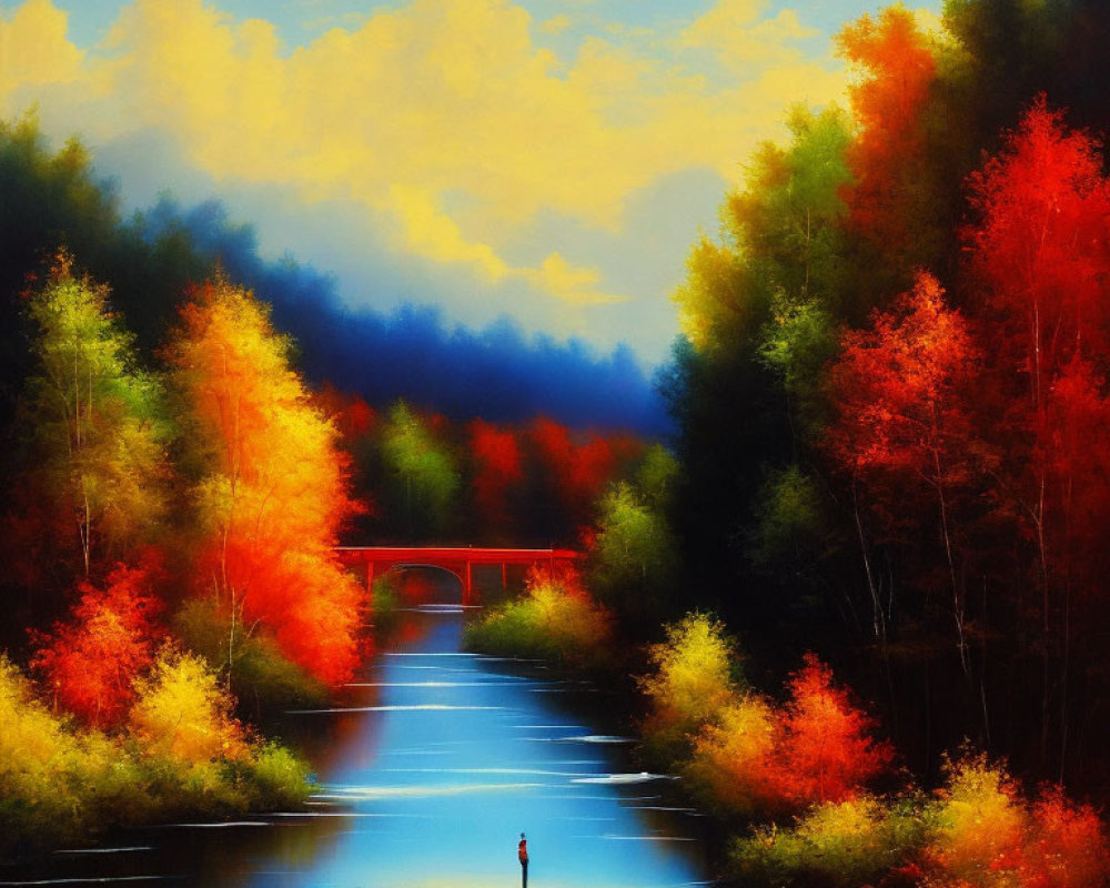 Colorful autumn river scene with red bridge and cloudy sky