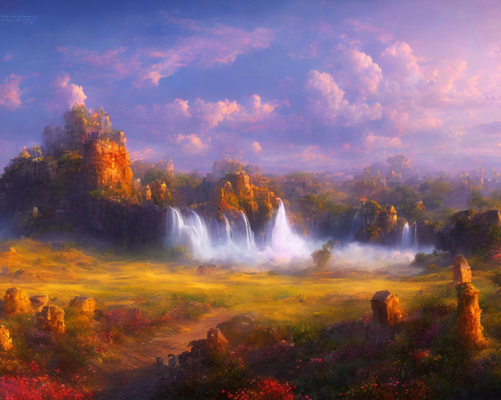 Fantastical landscape with luminous waterfalls, vibrant meadow, and majestic castle