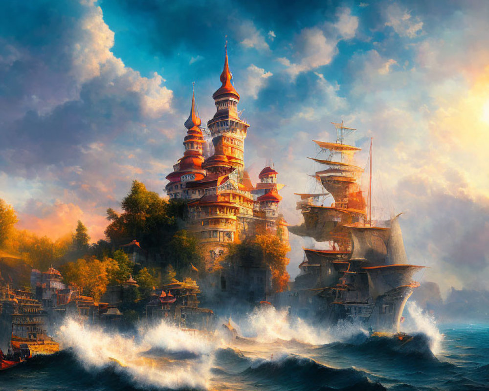 Majestic castle and sailing ship in golden seascape