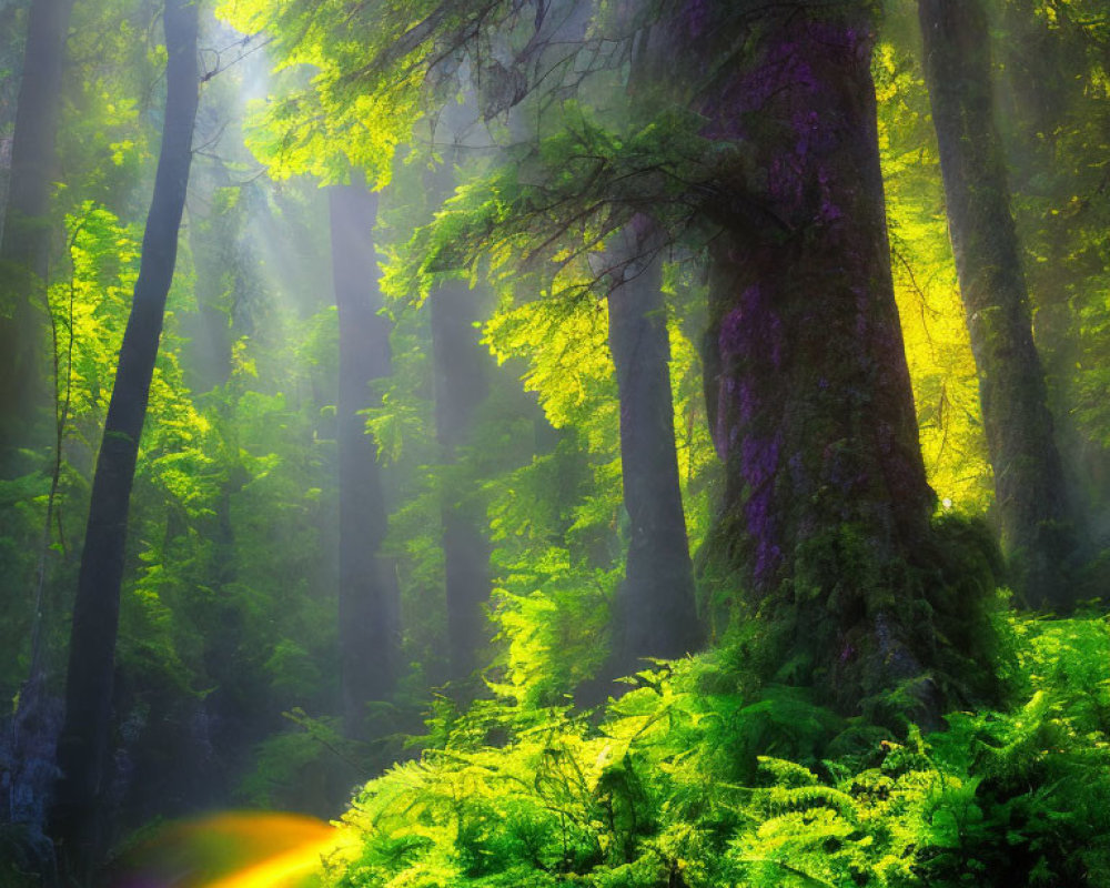 Misty green forest with sunlight illuminating ferns and moss-covered trees