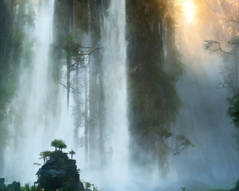 Mystical forest scene with misty waterfall and warm sun glow