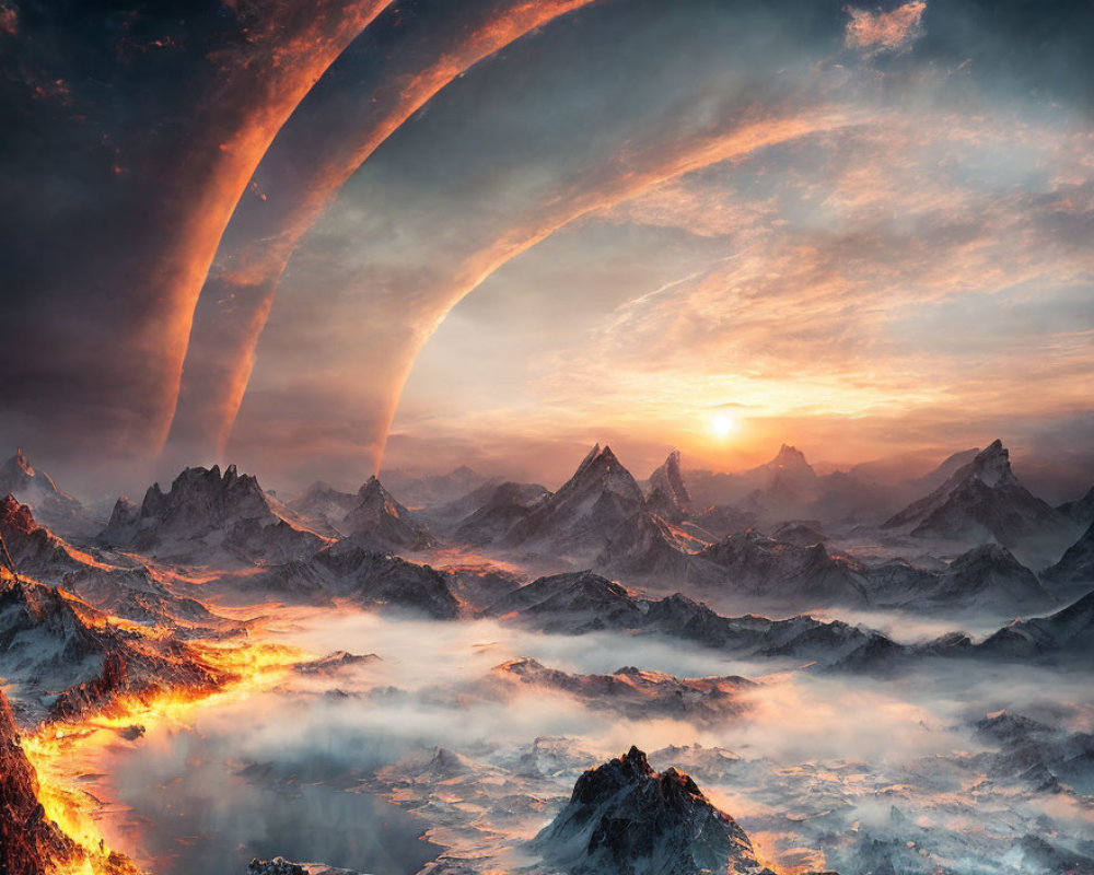 Surreal landscape with fiery rivers, rugged mountains, and dramatic sky arcs