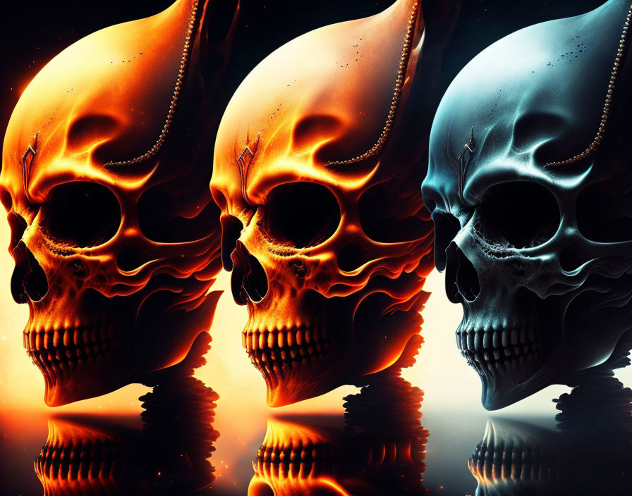 Stylized skulls in fiery and cool tones on reflective surface