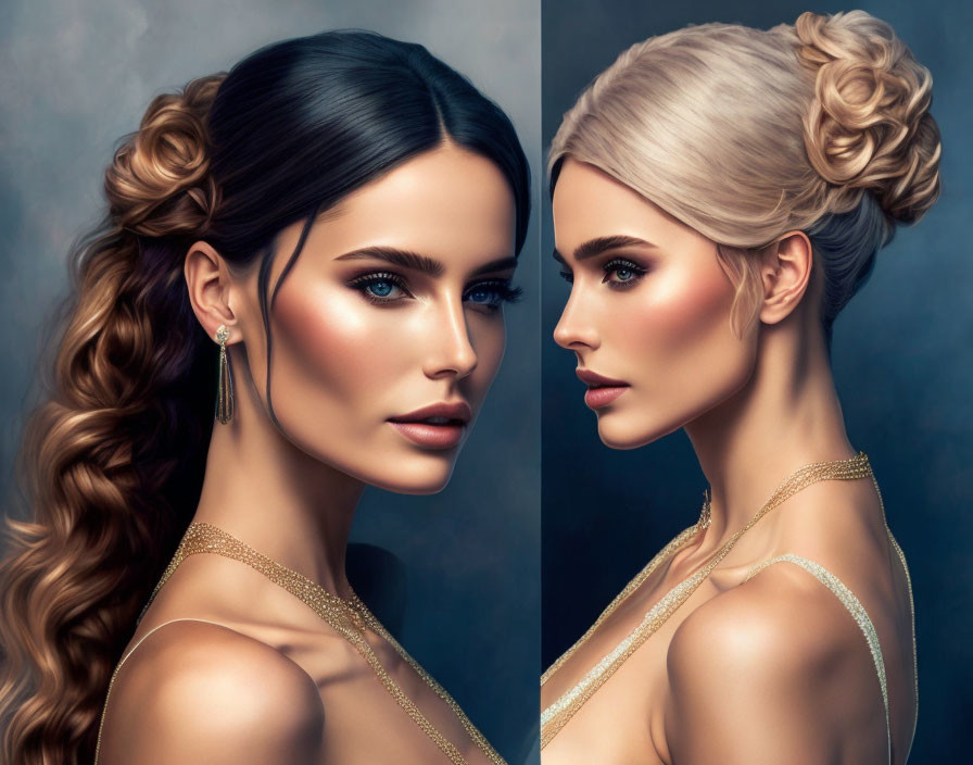 Elegant digital artwork featuring two women with stylish hairstyles and makeup on a moody background