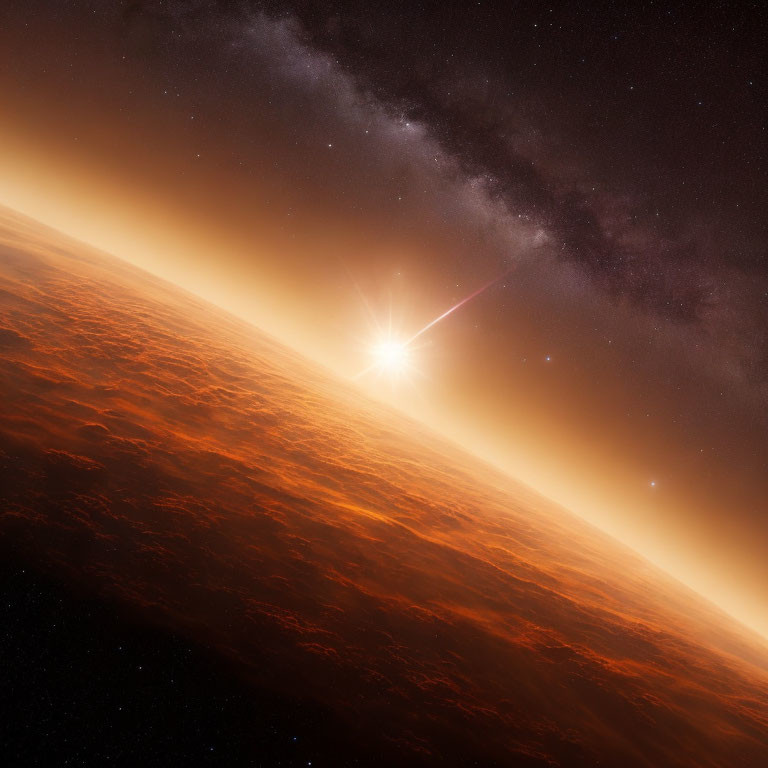 Sunrise over Reddish Planetary Horizon in Space